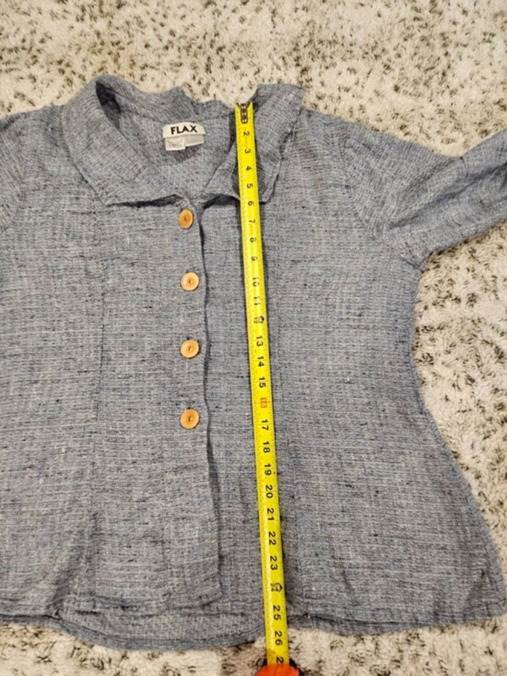 Flax 100% Linen Blue Textured Shacket Collared V-Neckline Button Down Top Blouse - Picture 6 of 9